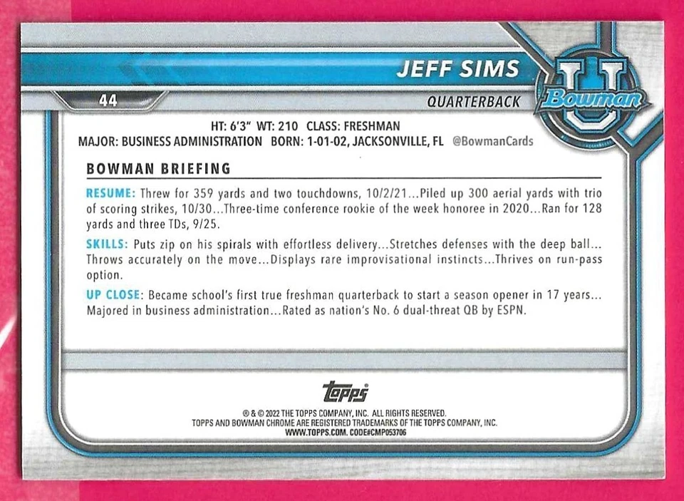 2022 Bowman University Jeff Sims pink Diamond Refractor 048/150 Arizona State - Image 2 of 4
