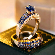 Women Elegant 2 Pcs Gold Plated Blue Cubic Zirconia Ring Set Fashion Jewelry