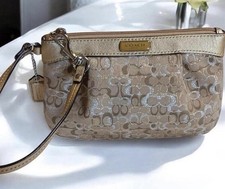 COACH Signature Metallic Pleated Wristlet Khaki Gold Leather Trim C Logo