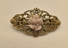 1928 Jewelry Hair Barrette Gold Tone Rose Pink Porcelain Vintage Made In France