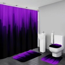 4 Pcs Purple and Black Shower Curtain Sets Non-Slip Rugs Bath Mat Toilet Cove...