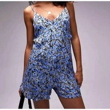 Topshop Blue Grunge Floral Shorts Romper Sleeveless V Neck Tie Back New Womens 6