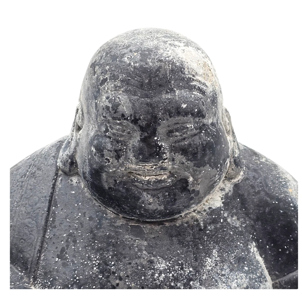 One Vintage 12" Tall Cement Laughing Buddha Garden Art Statue Weathered Concrete - Image 4 of 4