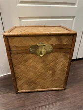 Vintage Bamboo & Brass Chest Trunk Box End Table-Wicker Storage-Boho-Cube-MCM