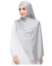 Luxury Satin Hijab Head Scarf Shawl Wrap for Muslim Women Extra Long Silver