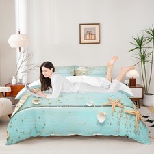 Seashell Starfish Duvet Cover Set King Size,Wood Stripes Bedding Set 3pcs for...