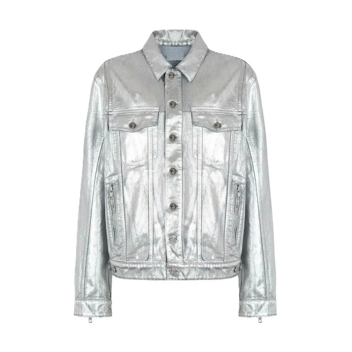 Men's Silver Genuine Lambskin Leather Trucker Jacket Denim Style Coat Jacket
