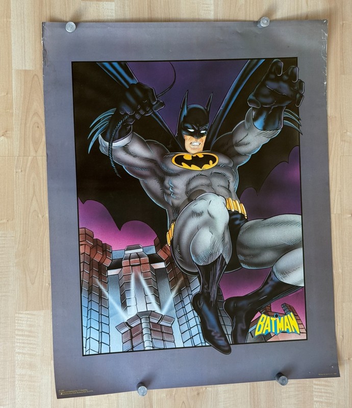 1989 Batman 28x22” poster, black and gray costume, pin holes