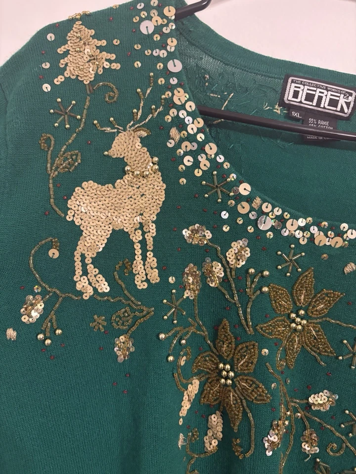 Suéter Berek 1x Mujer Vintage Cuentas Reno Tejido Vacaciones Navidad Flores de Pascua Foto 2 de 4