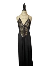 Tri Chic VTG 50/60s Wom L Blk Nylon Lace Button Satin Bodice Ties Maxi Chemise