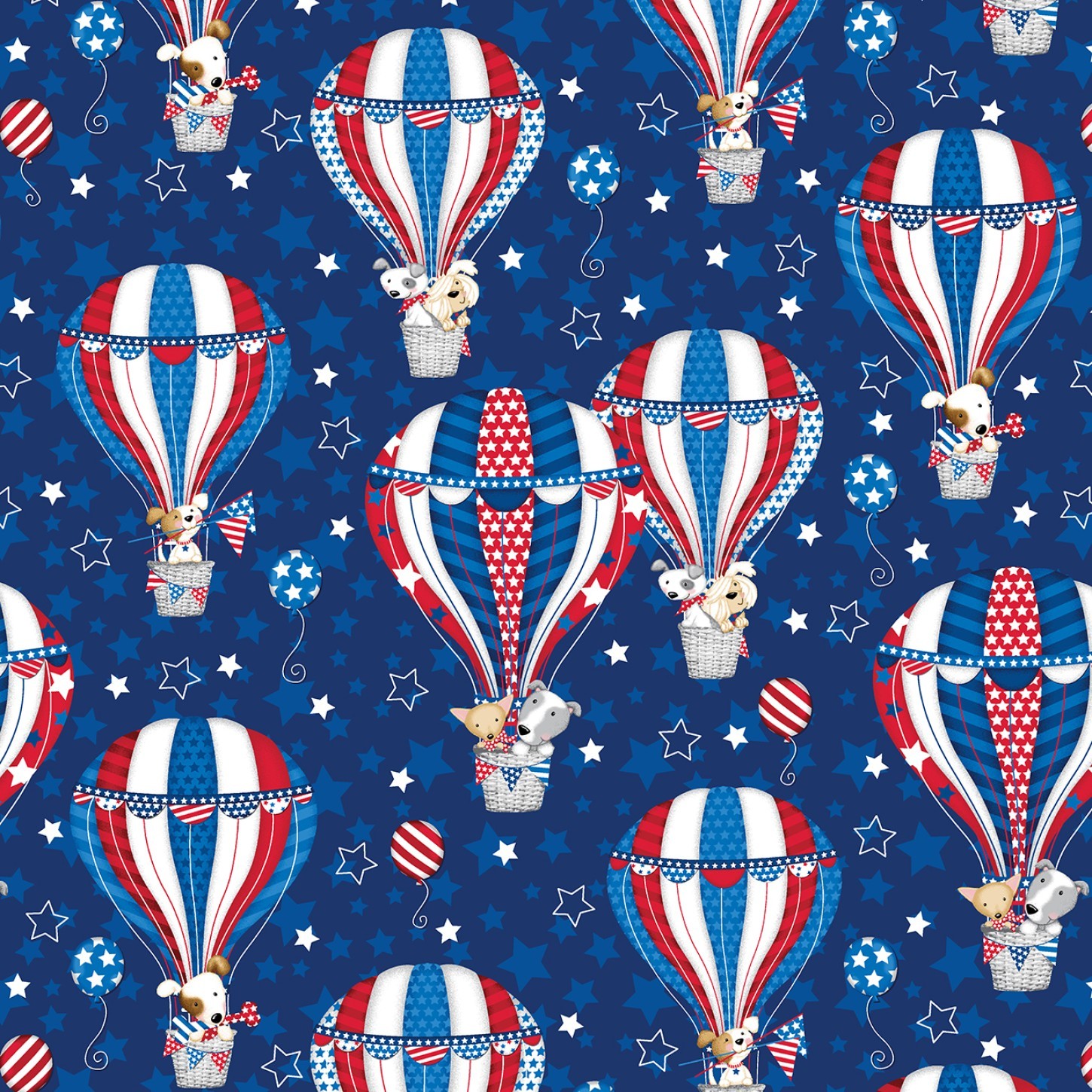 Patriotic Dog Fabric with Hot Air Balloon Design in Blue by Studio E YARD