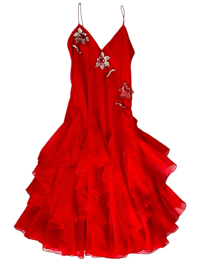 VTG Y2K Red Silk Sequin Midi Cocktail Dress Gown Fairy Ruffle XS Ethereal Prom - Image 2 of 4