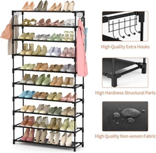 10 Tiers Shoe Rack 50 Pairs Large Capacity, Organizer, Two Hooks, Space Saving