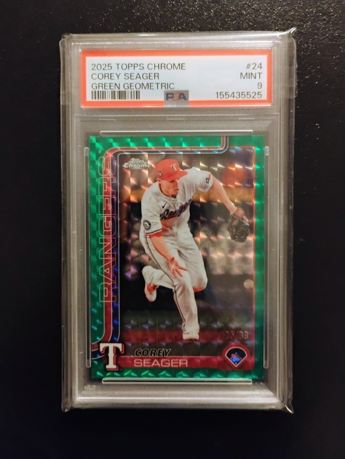2025 Topps Chrome - Corey Seager #24 Green Refractor /99 Rangers PSA 9 view 1