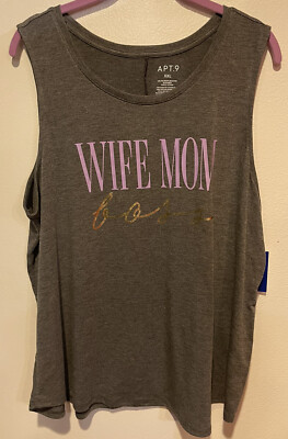 Apt 9 Wife Mom Boss Graphic Women's Tank Top Shirt Gray w/ Lavender & Gold XXL 
