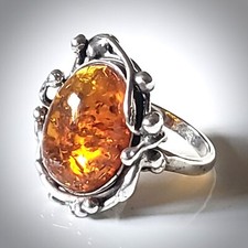 Genuine Baltic Amber Sterling Silver Vintage Style Ring Size 8.5 Made in Poland