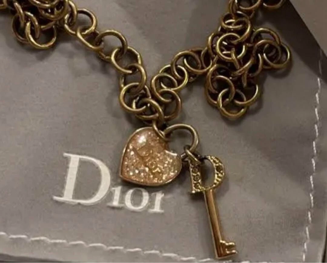 Christian Dior Collier Vintage Coeur Clé Pendentif Ton Or Femme Bijoux 2412M