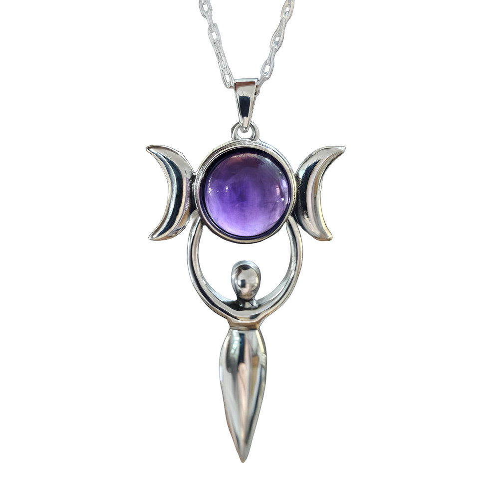Amethyst Goddess Pendant Large Triple Moon 925 Sterling Silver Necklace & Boxed