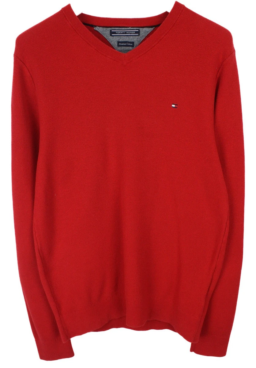 Tommy Hilfiger Premium Cotton Pull Homme ~ Grand Col V Serré Tricot Rouge  Logo