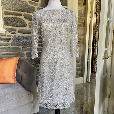 kay unger champagne dress Kay Unger New York Cocktail Dress silver Champagne satin with sequin net  overlay