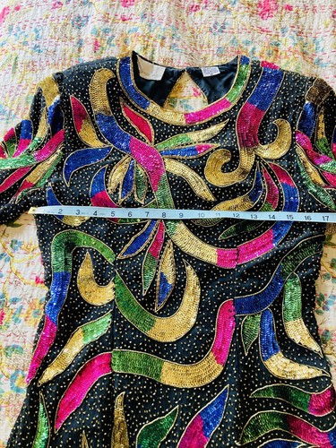 Razzle Dazzle Lawrence Kazar Silk Sequin Beaded Fringe Mardi Gras Dress Sz 8 S/M - Picture 9 of 10