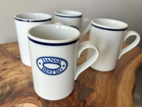 Set of 4 Dansk Bistro Blue Stripe Coffee Tea Mugs Cups GUC
