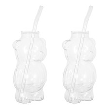 2 Pcs Glass Bear Mug Cups With Straw 320 ml Animal Shaped Cups For Holiday Gift