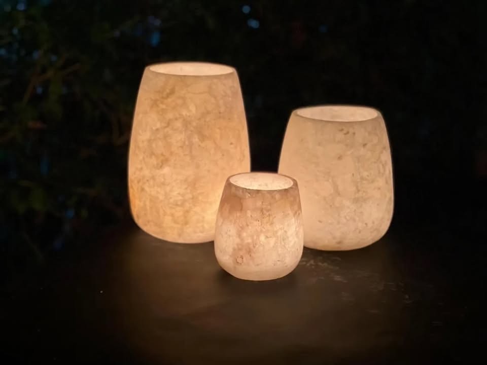 3 Beautiful Natural Alabaster Stone Handmade Candle Holders Votive Set