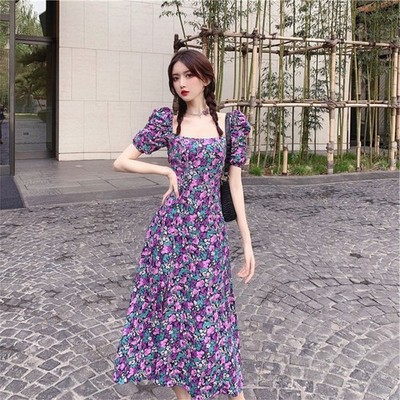 Women's Purple Floral Midi Dress Puff Sleeve Square Neck Summer Cottagecore