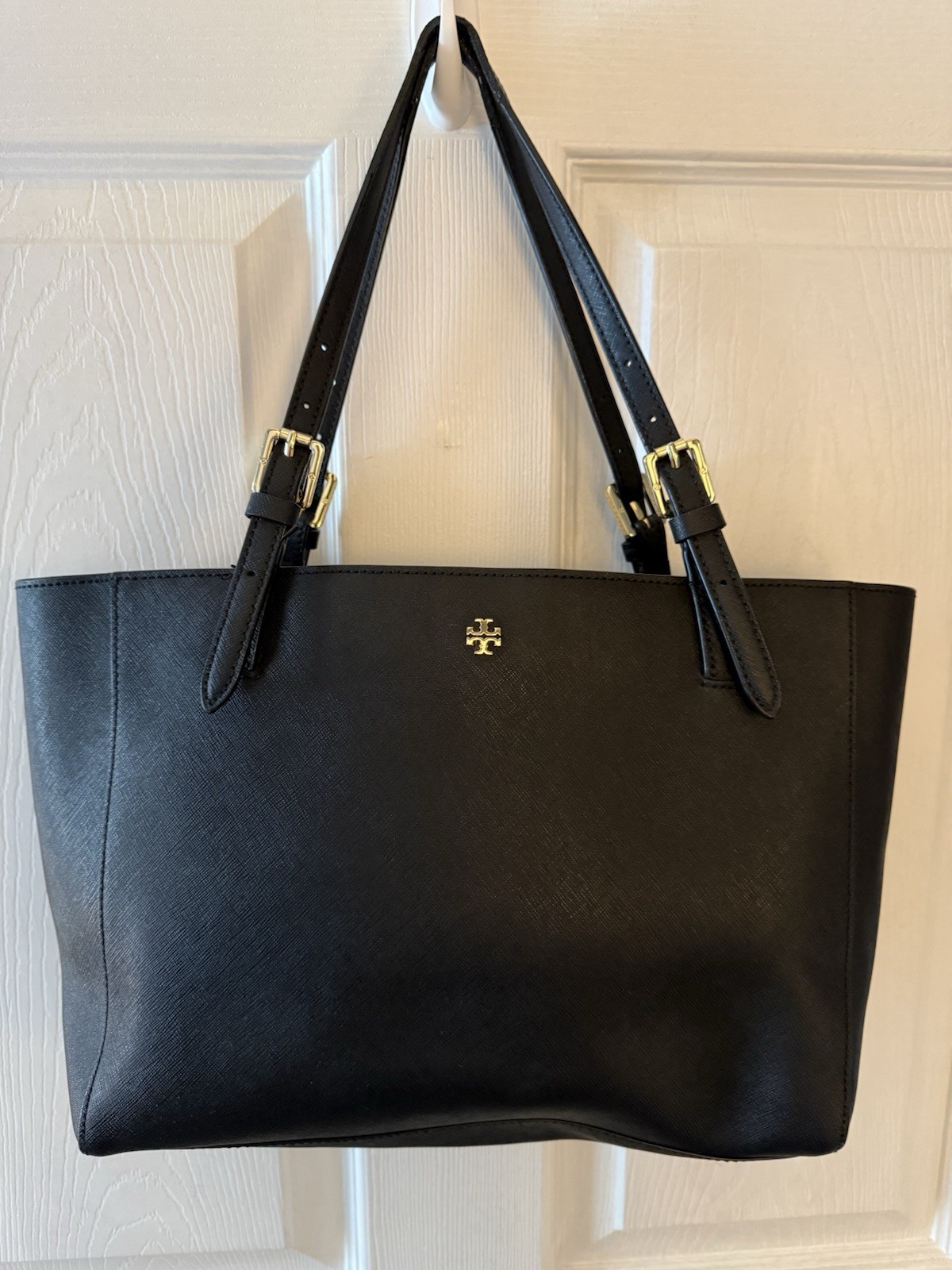 Tory Burch Black Tote Shoulder Bag Gold Hardware Buckle Accents Logo Zip Closure