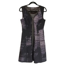 TAHARI Black Gray Print Zipper Front A Line Sleeveless Dress 6 (Small)