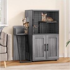Double Layer Hidden Cat Litter Box Enclosure w/ Ladder  Side Door Villa Cabinet