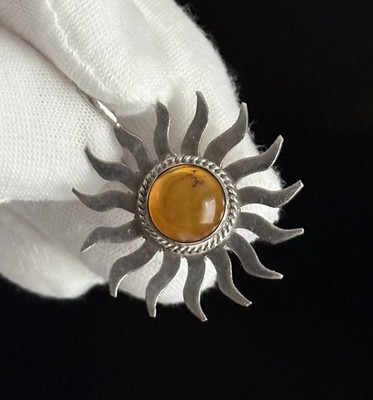 Vintage Sterling Silber 925 Baltischer Bernstein Cabochon Sonne Anhänger 1,5''