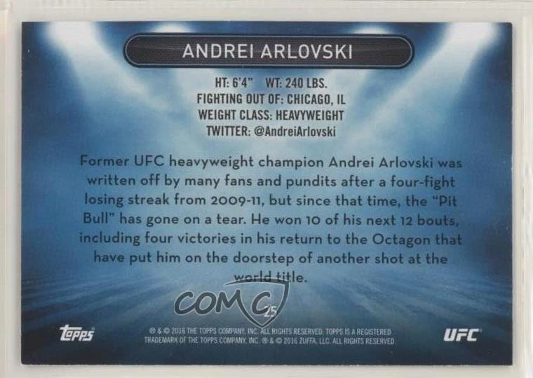 2016 Topps UFC High Impact Topps Online Exclusive Blue Andrei Arlovski #25 - Image 2 of 2