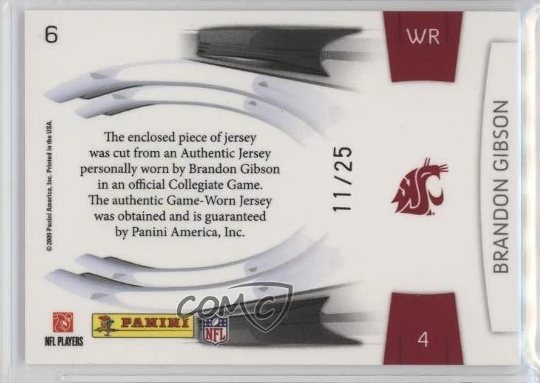 2009 Playoff Prestige Black Materials /25 Brandon Gibson #6 Rookie RC - Image 2 of 2