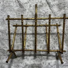 Vintage Faux Bamboo Gold Gilt Metal Magazine Rack Hollywood Regency 18x18x8