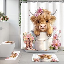 Funny Highland Cow Pink Cute 4Pcs Bathroom Shower Curtain Set with Rugs