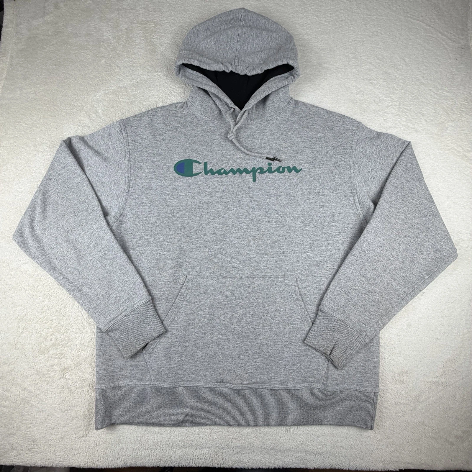Champion Hoodie Mens L Gray/Teal Script Logo Pullover Sweatshirt Fleece