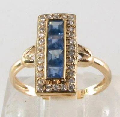 LOVELY 9K GOLD DECO INS Sri LANKAN BLUE SAPPHIRE & DIAMOND LONG RING FREE RESIZE - Image 1 of 4