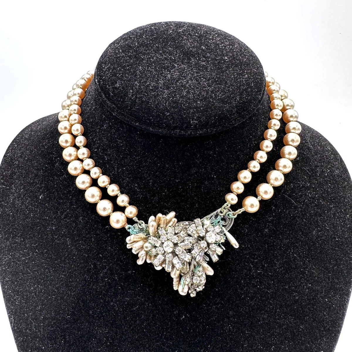 1950s MIRIAM HASKELL Multi Strand Glass Pearl Rhinestone Cluster Beaded Necklace