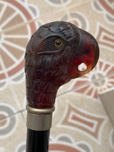 CARVED AMBER OF HIGH QUALITY ANTIQUE EXLUSIVE WALKING STICK "PARROT HEAD" RARE - Picture 4 of 9
