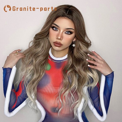 Long Wavy Curly Ombre Brown Light Blonde Women Natural Synthetic Wig Daliy Party - Picture 2 of 10