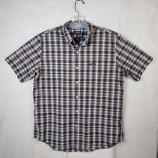 Chaps Shirt Men L Large Blue Red Plaid Easy Care Casual Short Sleeve Button Up