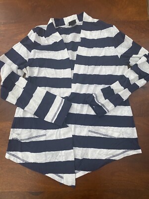 Fluent Life Essentials Womens Open Front Cardigan Sweater White Blue Striped M