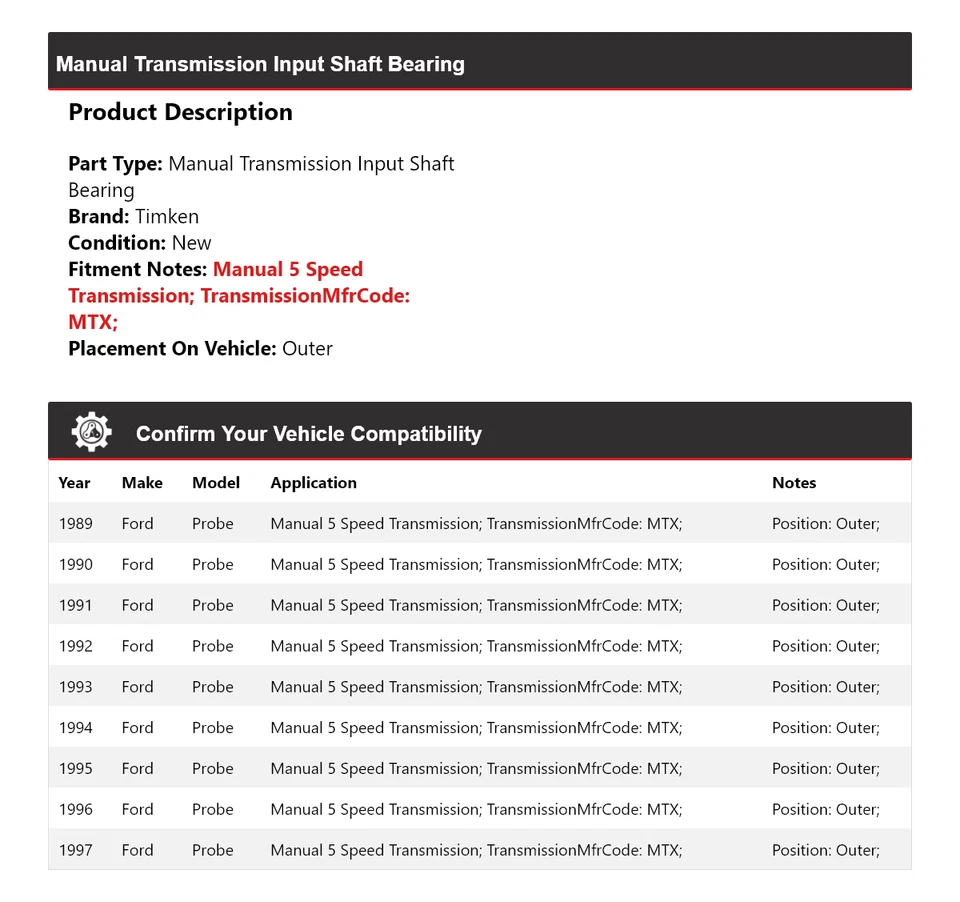 Cojinete exterior del eje de entrada de transmisión manual Timken para Ford Probe 1989-1997 Foto 2 de 4