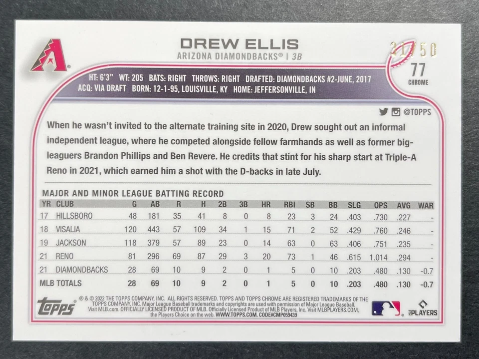 2022 Topps Chrome Sonic Drew Ellis RC Gold Ray Wave Refractor 31/50 Mariners - Image 2 of 2