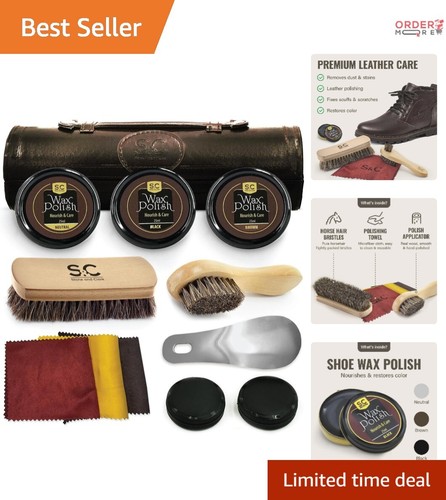 Shoe Polish Kit Leather Cleaners Travel Case Brushes Black Brown Neutral Esse...
