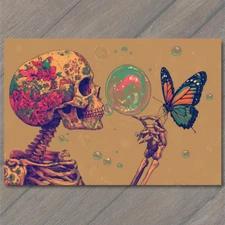 Art Print Trippy Skull Bubble With Butterfly Bright Skeleton Rainbow Swirl