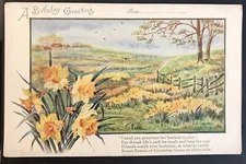 Antique Postcard Wildflower Field Art Scene A Happy Birthday Signed
