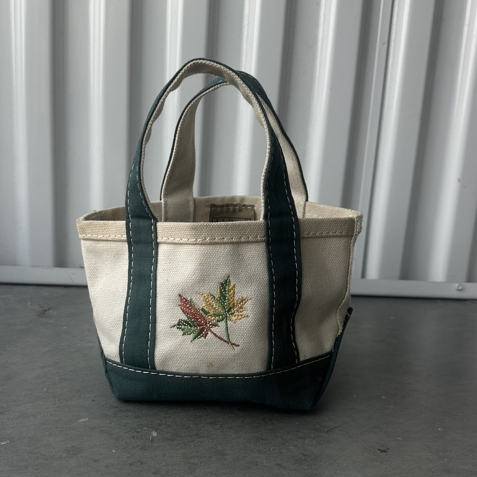 Vintage LL Bean Mini Boat & Tote Bag with Embroidered Leaves in Outdoor Green